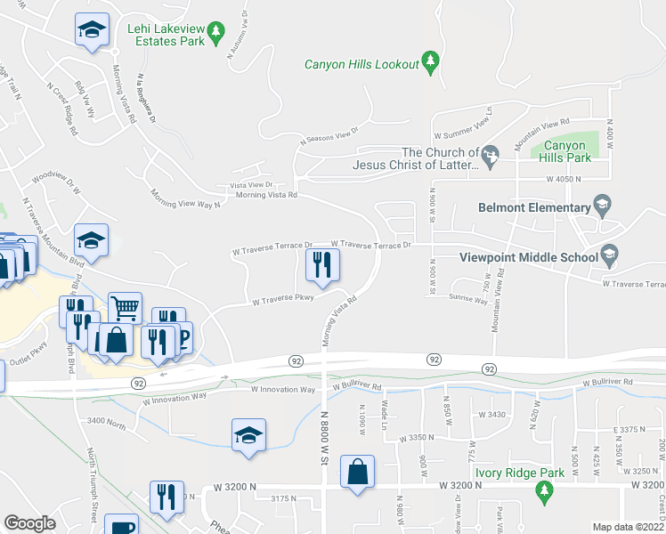 map of restaurants, bars, coffee shops, grocery stores, and more near 1100 West Traverse Terrace Drive in Lehi