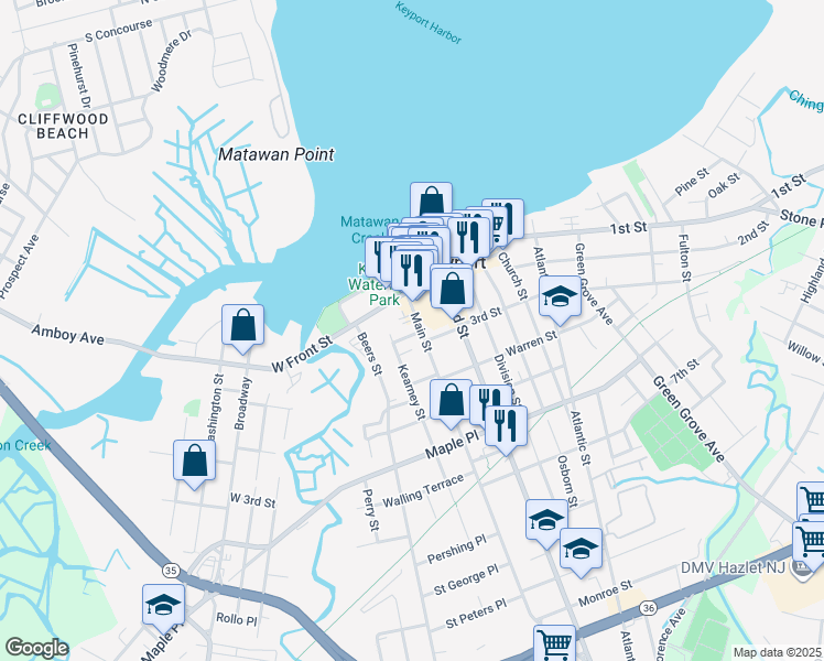 map of restaurants, bars, coffee shops, grocery stores, and more near 11 Kearney Street in Keyport