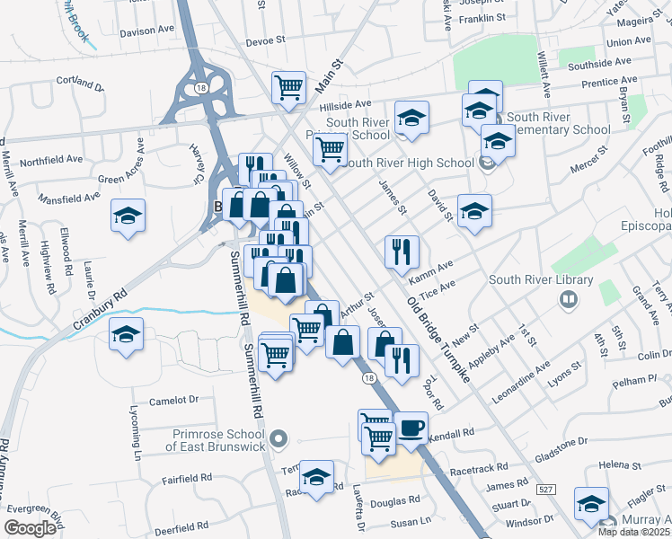 map of restaurants, bars, coffee shops, grocery stores, and more near 149 Joseph Street in East Brunswick