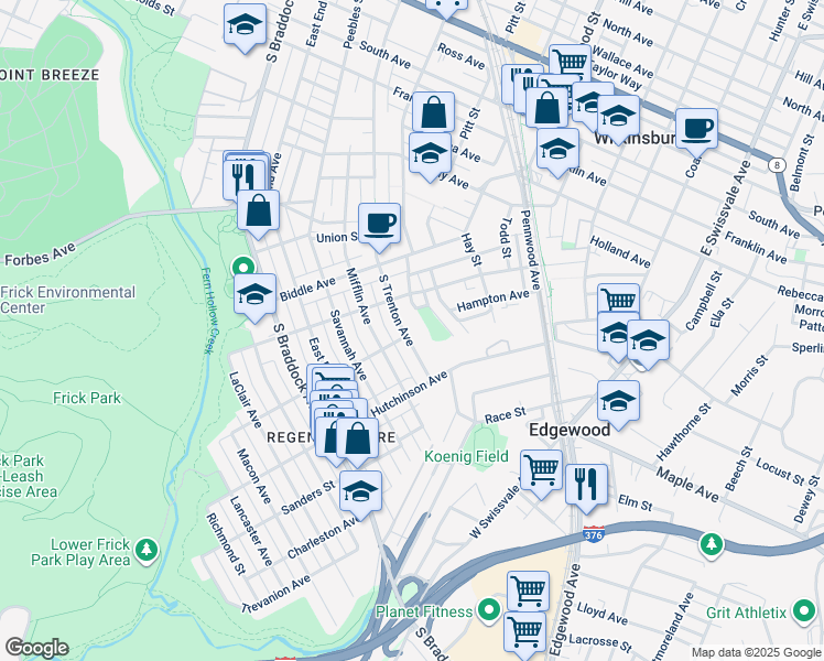 map of restaurants, bars, coffee shops, grocery stores, and more near 1002 South Trenton Avenue in Pittsburgh