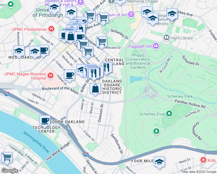 map of restaurants, bars, coffee shops, grocery stores, and more near 3435 Dawson Street in Pittsburgh