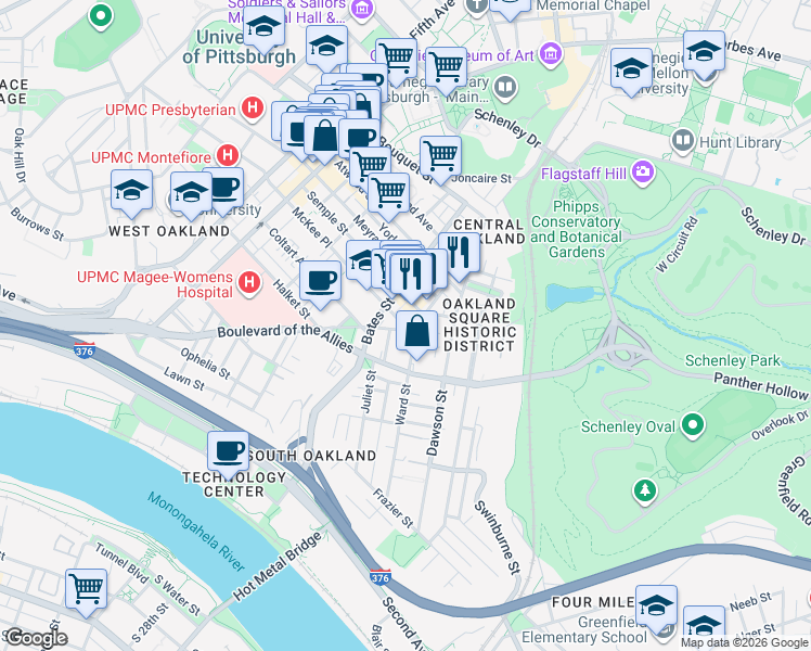 map of restaurants, bars, coffee shops, grocery stores, and more near 3441 Ward Street in Pittsburgh