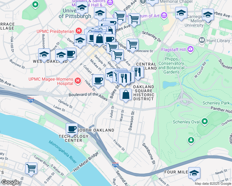 map of restaurants, bars, coffee shops, grocery stores, and more near in Pittsburgh