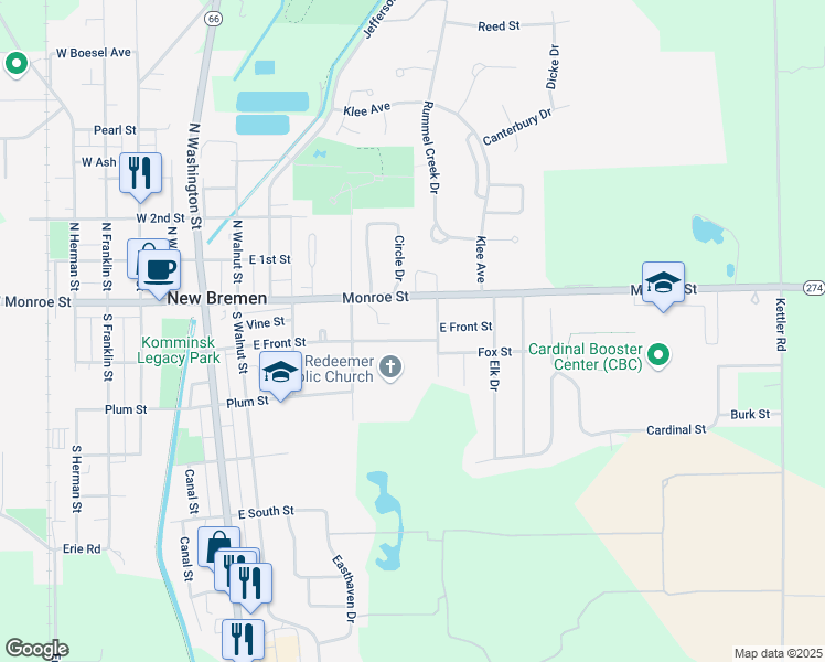 map of restaurants, bars, coffee shops, grocery stores, and more near 503 East Front Street in New Bremen