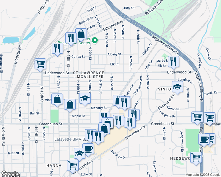 map of restaurants, bars, coffee shops, grocery stores, and more near 2203 Perrine Street in Lafayette