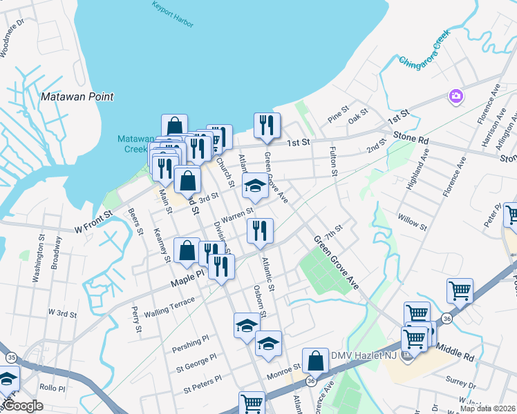 map of restaurants, bars, coffee shops, grocery stores, and more near 95 Warren Street in Keyport