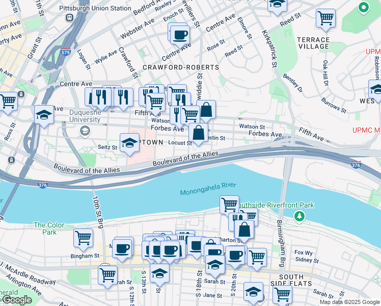 map of restaurants, bars, coffee shops, grocery stores, and more near in Pittsburgh