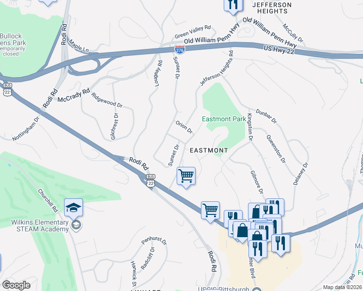 map of restaurants, bars, coffee shops, grocery stores, and more near 216 Hawthorne Drive in Pittsburgh