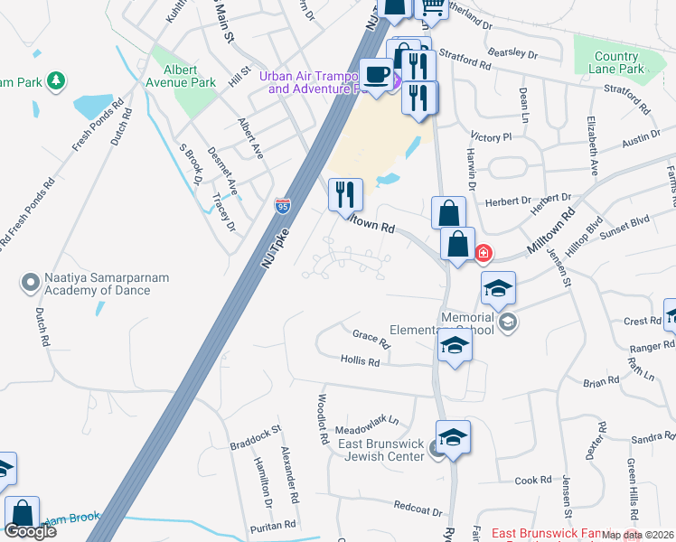 map of restaurants, bars, coffee shops, grocery stores, and more near 6 Periwinkle Court in East Brunswick