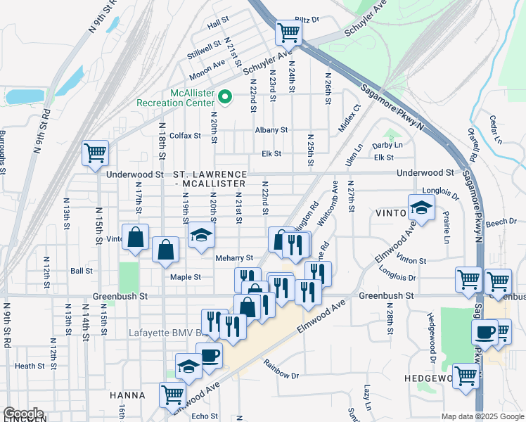 map of restaurants, bars, coffee shops, grocery stores, and more near 2203 Perrine Street in Lafayette
