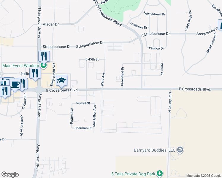 map of restaurants, bars, coffee shops, grocery stores, and more near 7085 East County Road 26 in Loveland