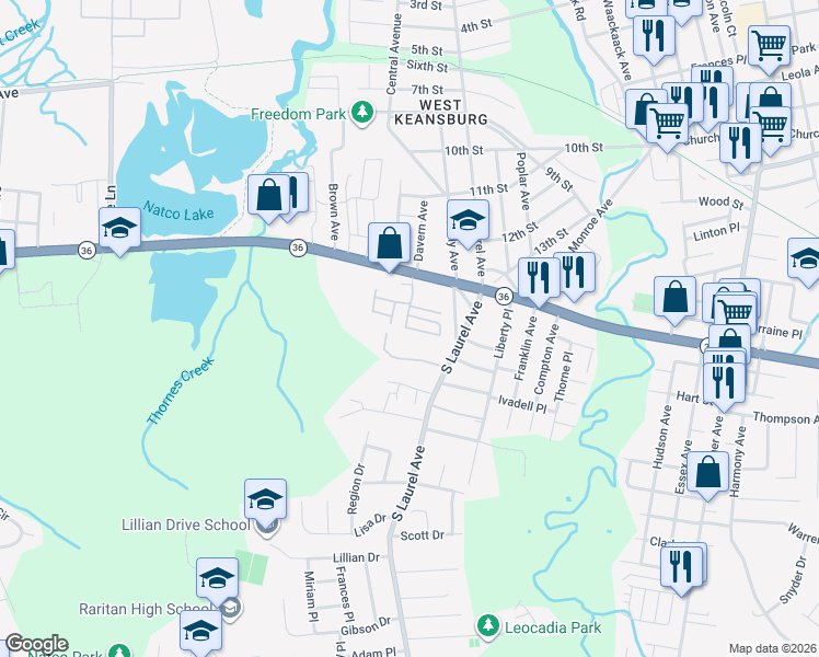 map of restaurants, bars, coffee shops, grocery stores, and more near 455 South Laurel Avenue in Keansburg