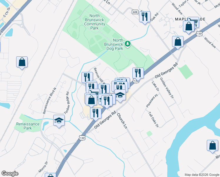 map of restaurants, bars, coffee shops, grocery stores, and more near 112 Copeley Way in North Brunswick Township