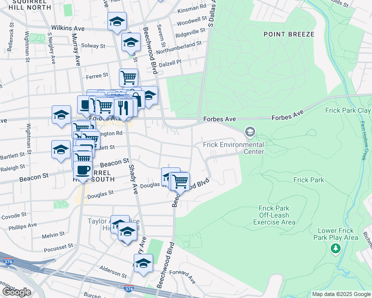 map of restaurants, bars, coffee shops, grocery stores, and more near 6563 Bartlett Street in Pittsburgh