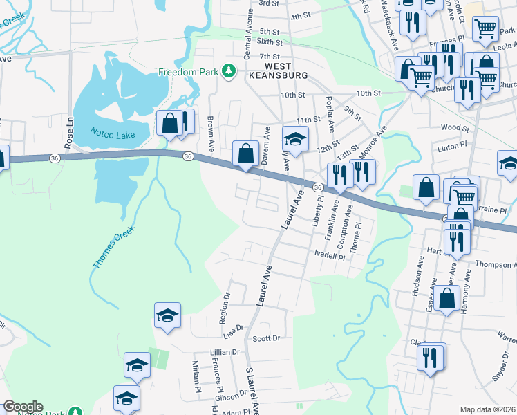 map of restaurants, bars, coffee shops, grocery stores, and more near 455 South Laurel Avenue in Keansburg