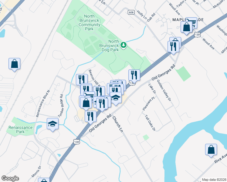 map of restaurants, bars, coffee shops, grocery stores, and more near 2182 U.S. 130 in North Brunswick Township