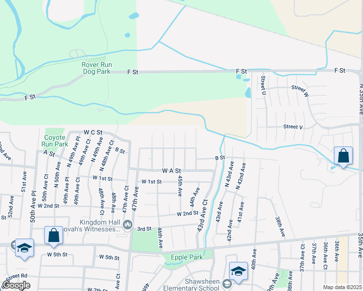 map of restaurants, bars, coffee shops, grocery stores, and more near 305 North 44th Avenue Court in Greeley