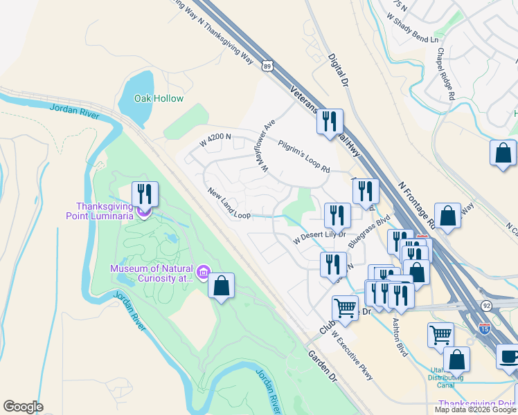 map of restaurants, bars, coffee shops, grocery stores, and more near 3424 West New Land Loop in Lehi