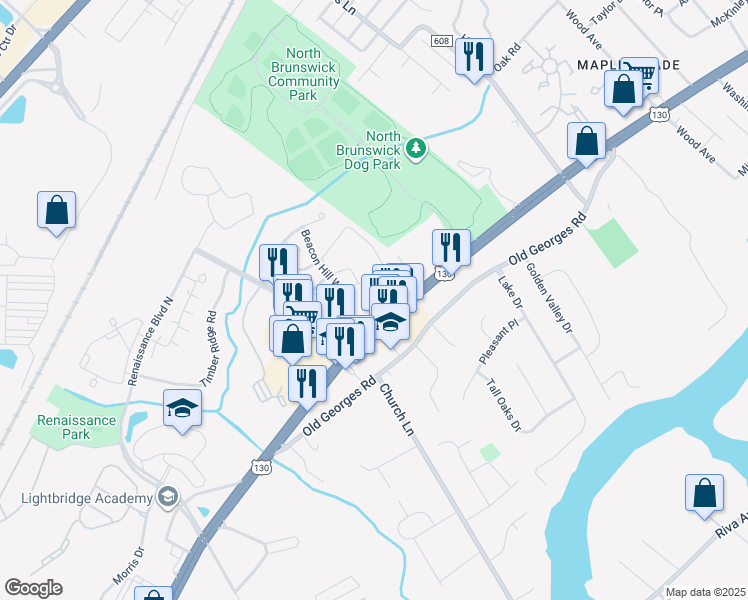 map of restaurants, bars, coffee shops, grocery stores, and more near 112 Copeley Way in North Brunswick Township