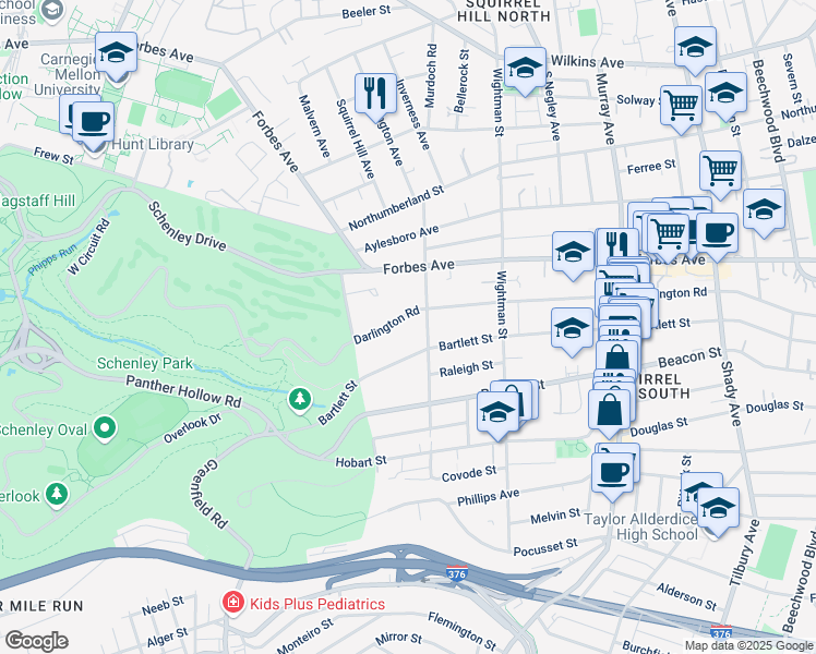 map of restaurants, bars, coffee shops, grocery stores, and more near 5440 Darlington Road in Pittsburgh