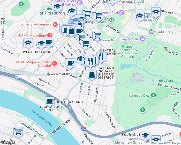 map of restaurants, bars, coffee shops, grocery stores, and more near 3441 Ward Street in Pittsburgh
