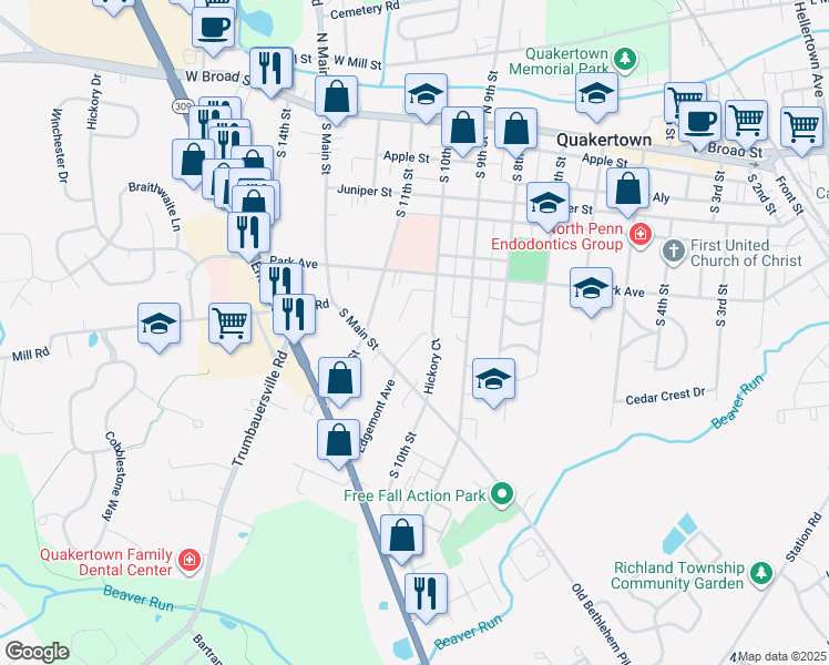 map of restaurants, bars, coffee shops, grocery stores, and more near 19 Moores Court in Quakertown