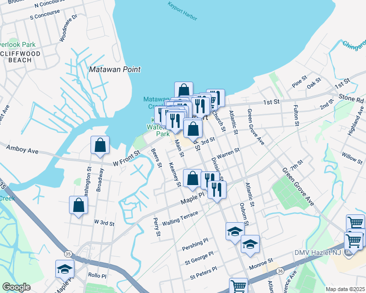 map of restaurants, bars, coffee shops, grocery stores, and more near 65 Main Street in Keyport