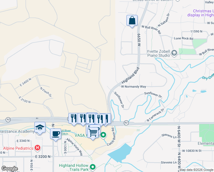 map of restaurants, bars, coffee shops, grocery stores, and more near 11597 North Sunset Drive in Highland