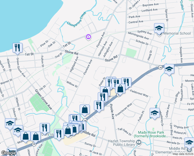 map of restaurants, bars, coffee shops, grocery stores, and more near 10 Gina Drive in Hazlet