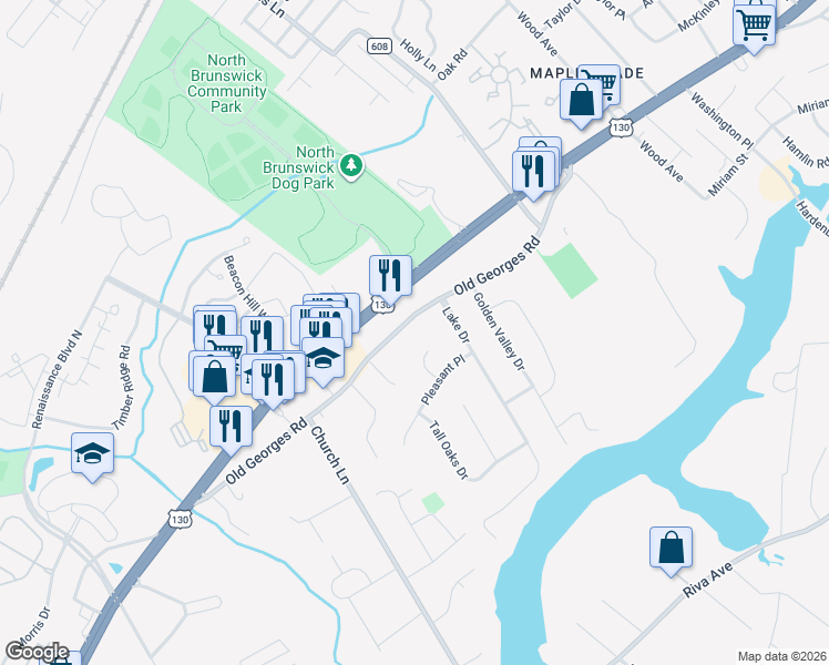map of restaurants, bars, coffee shops, grocery stores, and more near 406 County Road 695 in North Brunswick Township