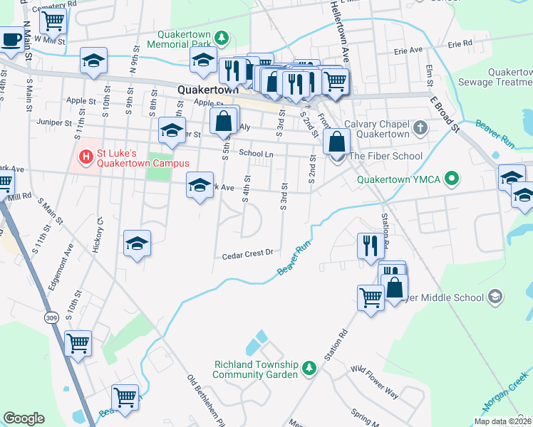 map of restaurants, bars, coffee shops, grocery stores, and more near 234 South 3rd Street in Quakertown