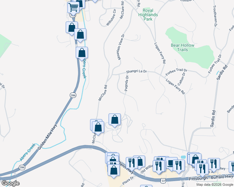 map of restaurants, bars, coffee shops, grocery stores, and more near 116 Hidden Valley Road in Monroeville