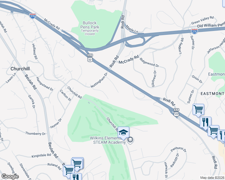 map of restaurants, bars, coffee shops, grocery stores, and more near 3319 Scathelocke Drive in Pittsburgh