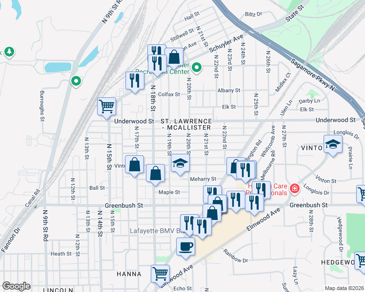 map of restaurants, bars, coffee shops, grocery stores, and more near 1915 Perrine Street in Lafayette