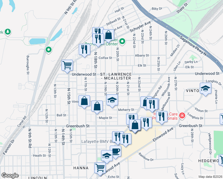 map of restaurants, bars, coffee shops, grocery stores, and more near 1915 Perrine Street in Lafayette