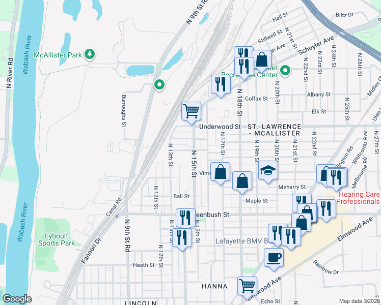 map of restaurants, bars, coffee shops, grocery stores, and more near 1827 North 15th Street in Lafayette