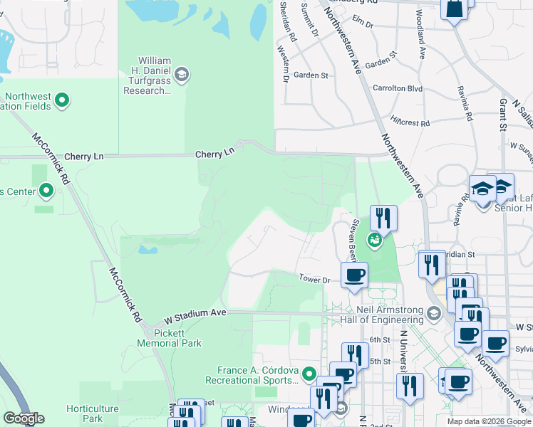 map of restaurants, bars, coffee shops, grocery stores, and more near 1073-1099 David Ross Road in West Lafayette
