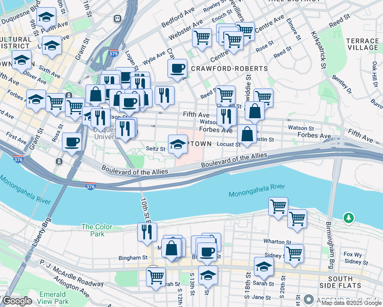 map of restaurants, bars, coffee shops, grocery stores, and more near 1400 Locust Street in Pittsburgh