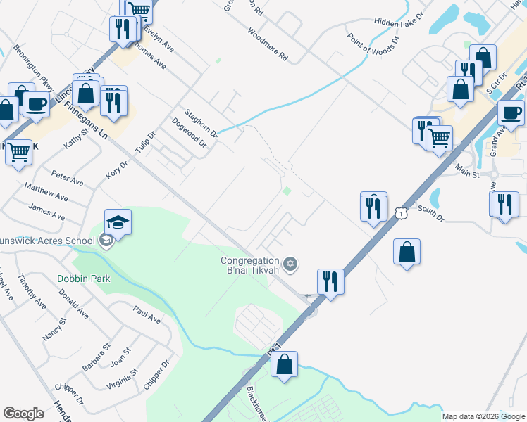 map of restaurants, bars, coffee shops, grocery stores, and more near 103 Sassafras Court in North Brunswick Township