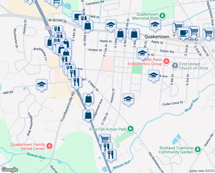 map of restaurants, bars, coffee shops, grocery stores, and more near 19 Moores Court in Quakertown