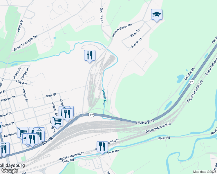 map of restaurants, bars, coffee shops, grocery stores, and more near 189 Sunset Drive in Hollidaysburg