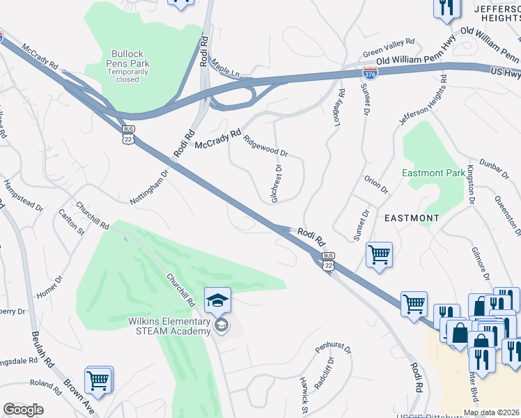 map of restaurants, bars, coffee shops, grocery stores, and more near 105 Merrie Woode Drive in Pittsburgh
