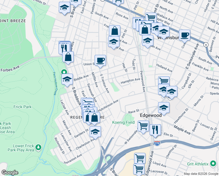 map of restaurants, bars, coffee shops, grocery stores, and more near 1002 South Trenton Avenue in Pittsburgh