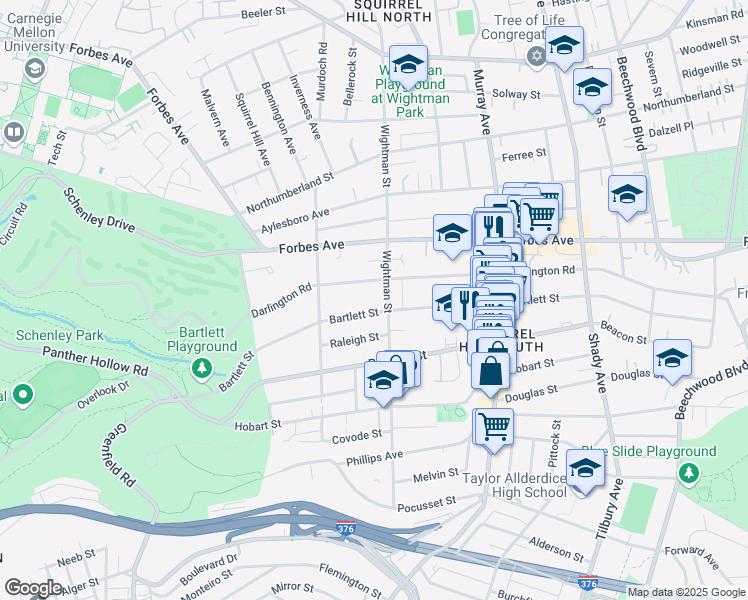 map of restaurants, bars, coffee shops, grocery stores, and more near 5546 Bartlett Street in Pittsburgh