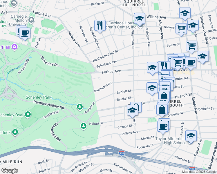 map of restaurants, bars, coffee shops, grocery stores, and more near 5440 Darlington Road in Pittsburgh