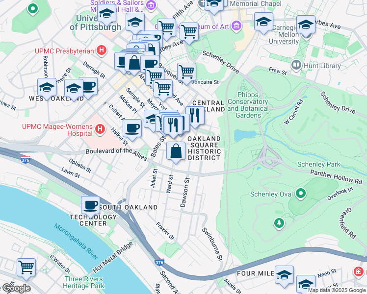 map of restaurants, bars, coffee shops, grocery stores, and more near 3435 Dawson Street in Pittsburgh