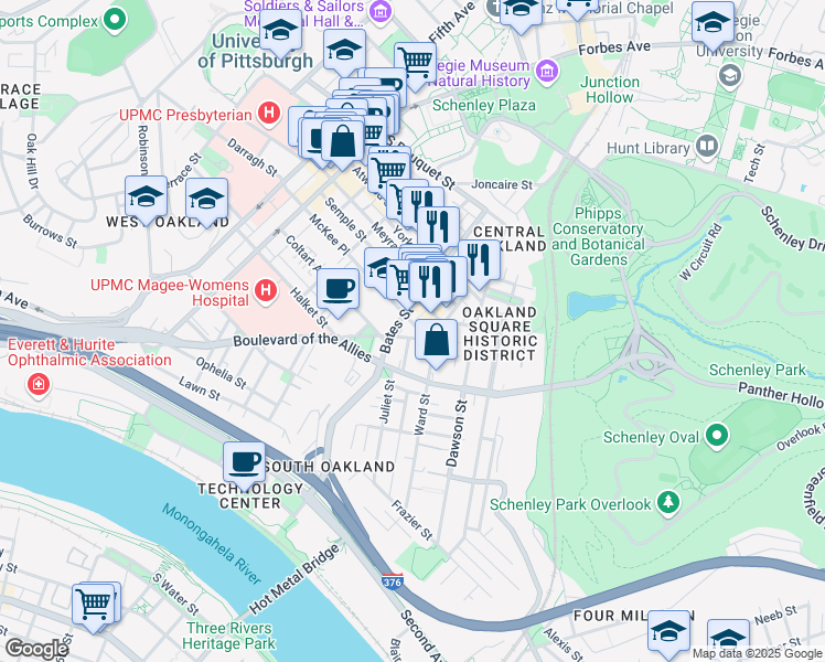 map of restaurants, bars, coffee shops, grocery stores, and more near 3441 Ward Street in Pittsburgh