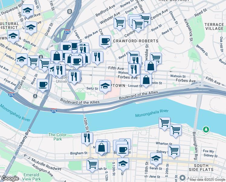map of restaurants, bars, coffee shops, grocery stores, and more near 1400 Locust Street in Pittsburgh