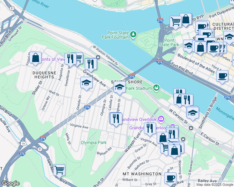 map of restaurants, bars, coffee shops, grocery stores, and more near Grandview Avenue in Pittsburgh