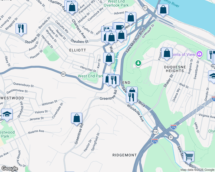 map of restaurants, bars, coffee shops, grocery stores, and more near 1051 McCartney Street in Pittsburgh